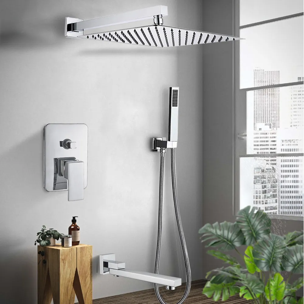 ウォールマウント降雨シャワー蛇口セットクロム隠し浴室蛇口システム16 ''スイベルタブスパウトミキサータップ付きヘッド