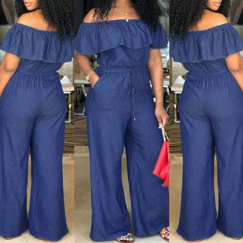 Fashion Casual Women Solid Off Shoulder Long Romper Jumpsuit Bodysuit Overall Wide Legs W220427