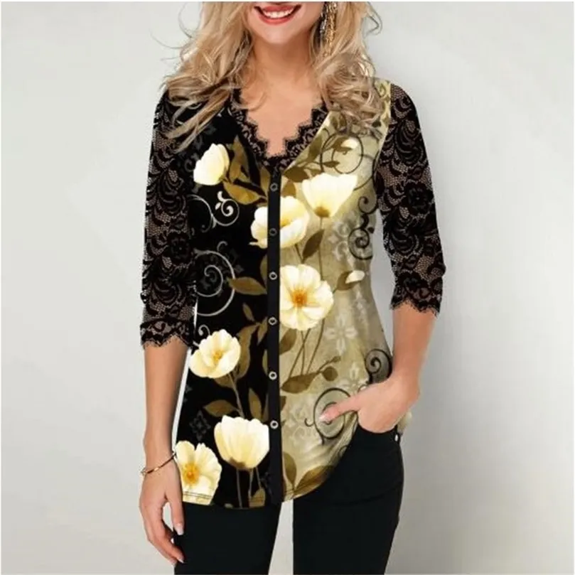 Plus Size 5x Pullovers Blouse shirt Boho Print Lace Splice Women's Tops V-neck Loose Casual Summer Female Tee Shirt 210308