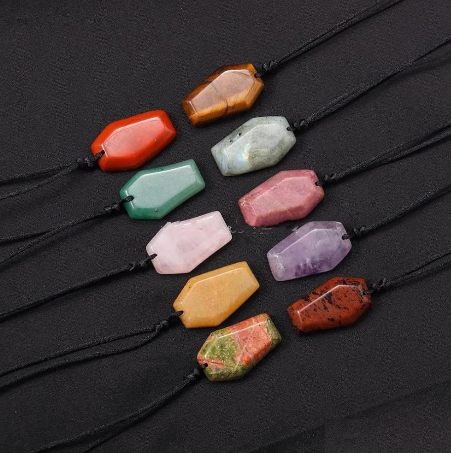 natural healing stone coffin shape crystal pendant energy obsidian rose quartz carved necklace jewelry crafts gift