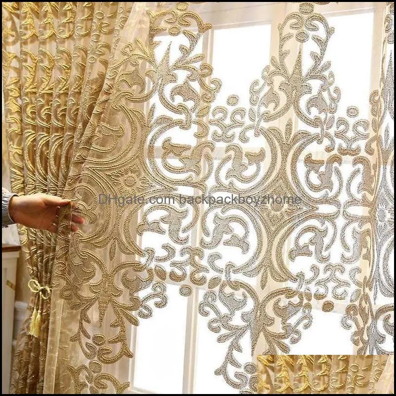European Luxury Dark Golden Embroidered Tulle Curtain Jacquard Sheer Panel For Living Room Bedroom Royal Home Decor ZH431#4 210712