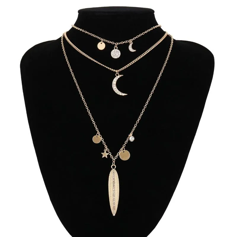 Chokers Bohemia Multi-layer Pendent Clavicle Gold Chain Choker Layering Necklace Feather Sun And Star Moon For WomenChokers