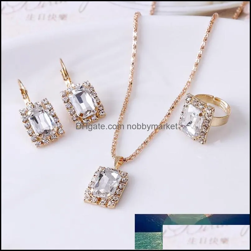 Crystal Wedding Jewelry Sets For Bridal Engagement Pendant Necklaces Rings Earring Valentine`s Day Gift Trendy Trinket Accessory