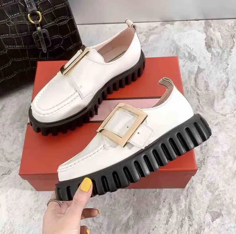 Dress Shoes spring one foot pedal RV square buckle thick soled small leather shoes with raised inside Lefu muffin patent single WI
