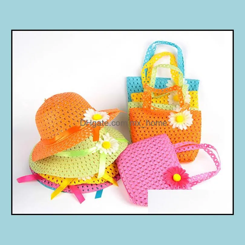 Lovely Flower Children sunhat Kids Girl Casual Children Beach Sun Straw Hat Cap + Straw Tote Handbag Bag Set fit 1-6 Years child