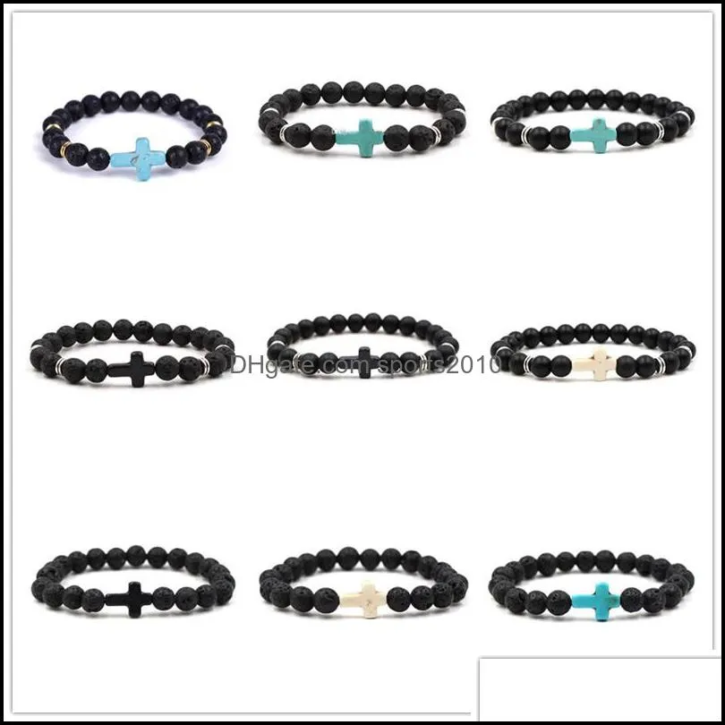 Arts And Crafts Arts Gifts Home Garden 8Mm Black Stone Beads Cross Charms Elastic Strand Bracelet Bangle For Women Men Jew Dhiyz