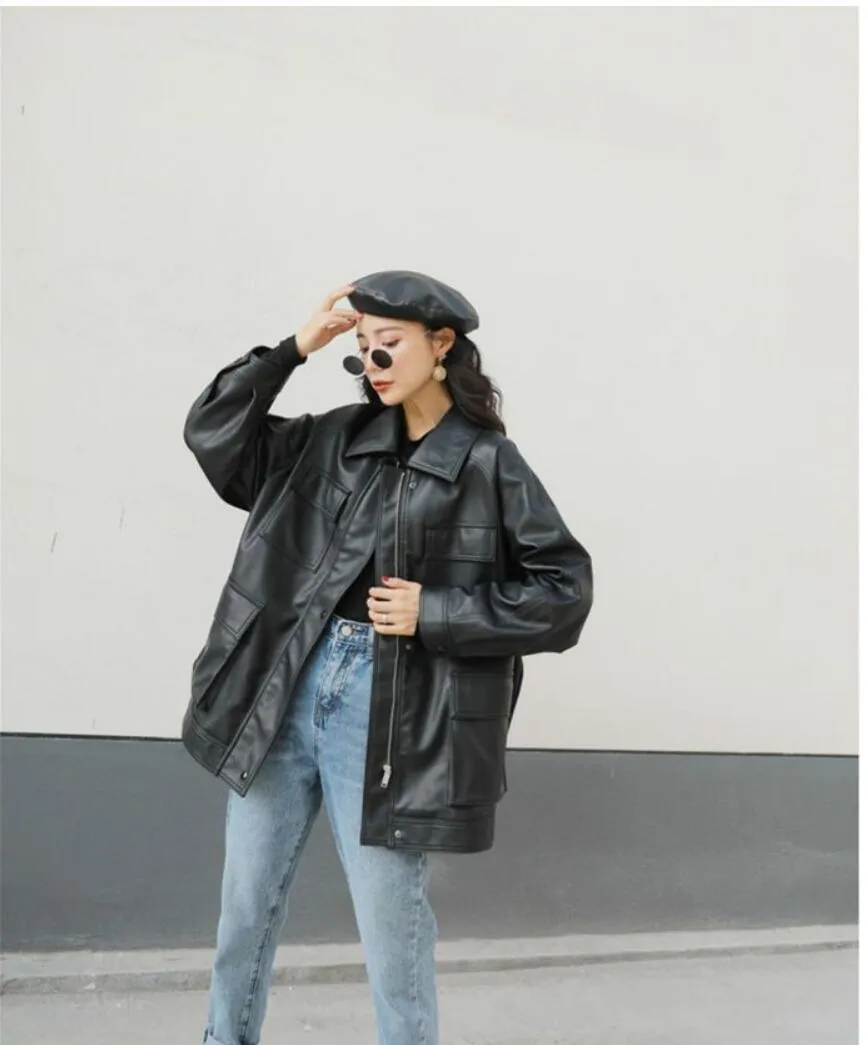 Spring Autumn Four Big Pocket Women's Jackets Loose Design Biker BF Vintage Lady Pu Leathe Leather Moto 2022