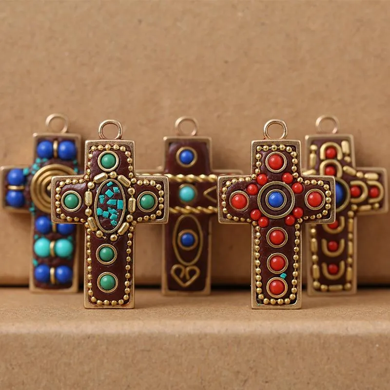 Hänge halsband 5st handgjorda mode etniska koppar bohemiska kristna kors charms för kvinnor män vintage retro lycklig juvelrypendant