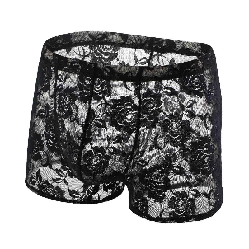 Caleçon sous-vêtements en dentelle hommes Sexy voir à travers les culottes boxeurs pénis poche longue jambe évider maille hommes Transparent Boxer Shorts