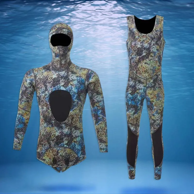 Costume da bagno da donna Muta mimetica da 1,5/3 mm Manica lunga Fissione con cappuccio 2 pezzi di neoprene Sommergibile per uomo Mantieni caldo Immersione impermeabile