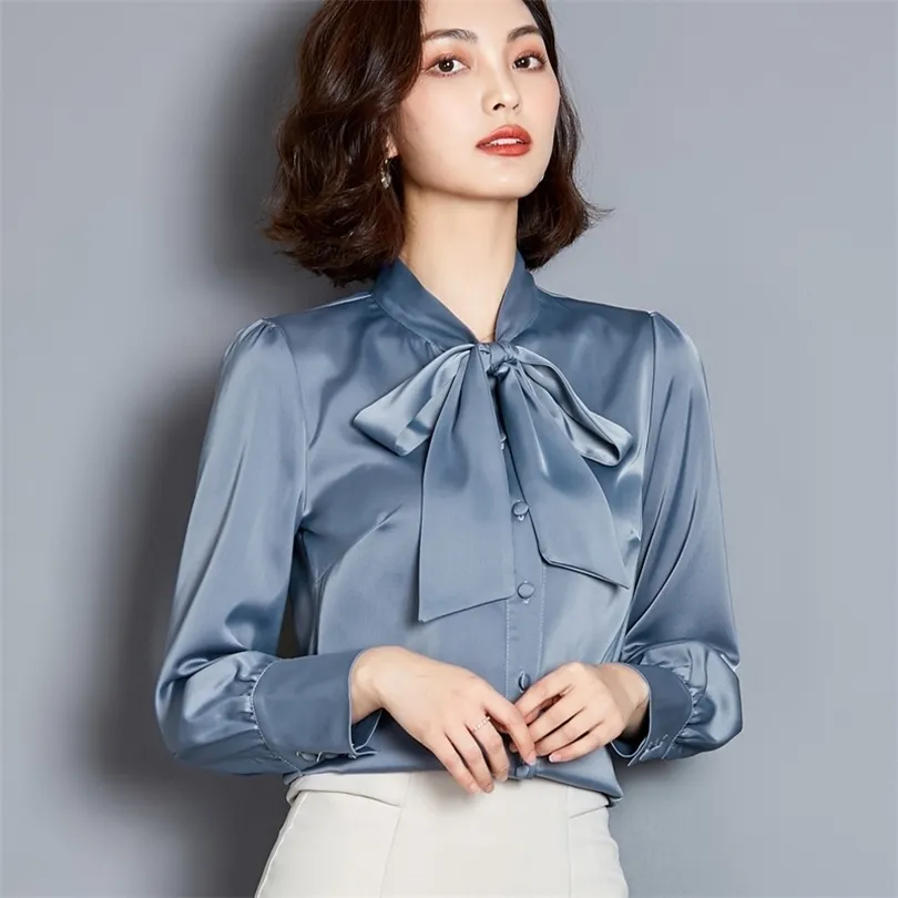 Korean Silk Women Blouses Women Satin Blouse Shirts Plus Size Office Lady Solid Long Sleeve Shirt Tops Blusas Mujer De Moda XXXL 201202