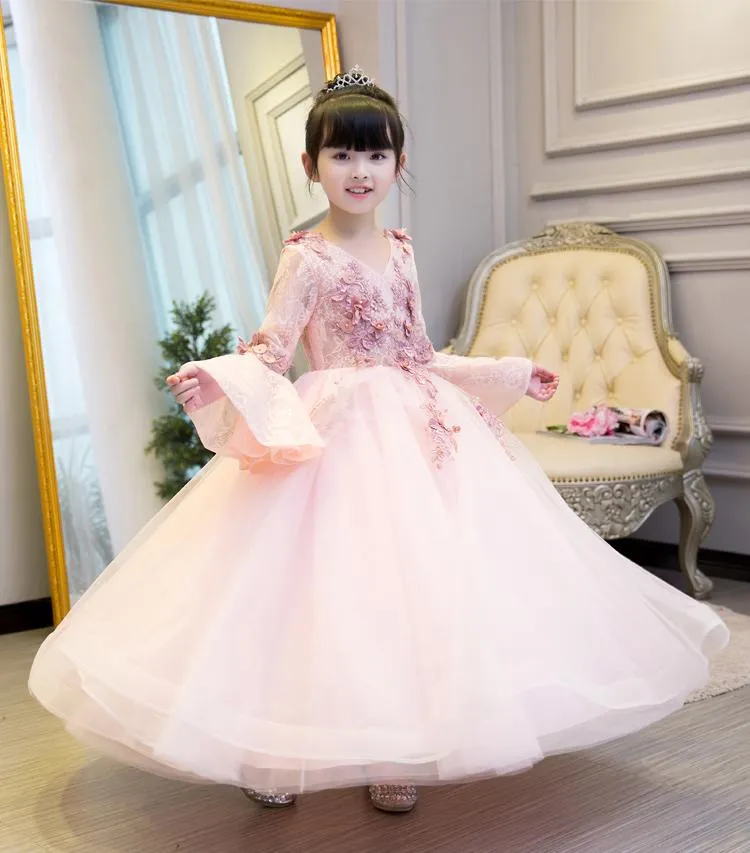 Robes de fille KICCOLY élégante fille rose robe à manches évasées enfant première Communion bébé robe de fleur de mariage formel