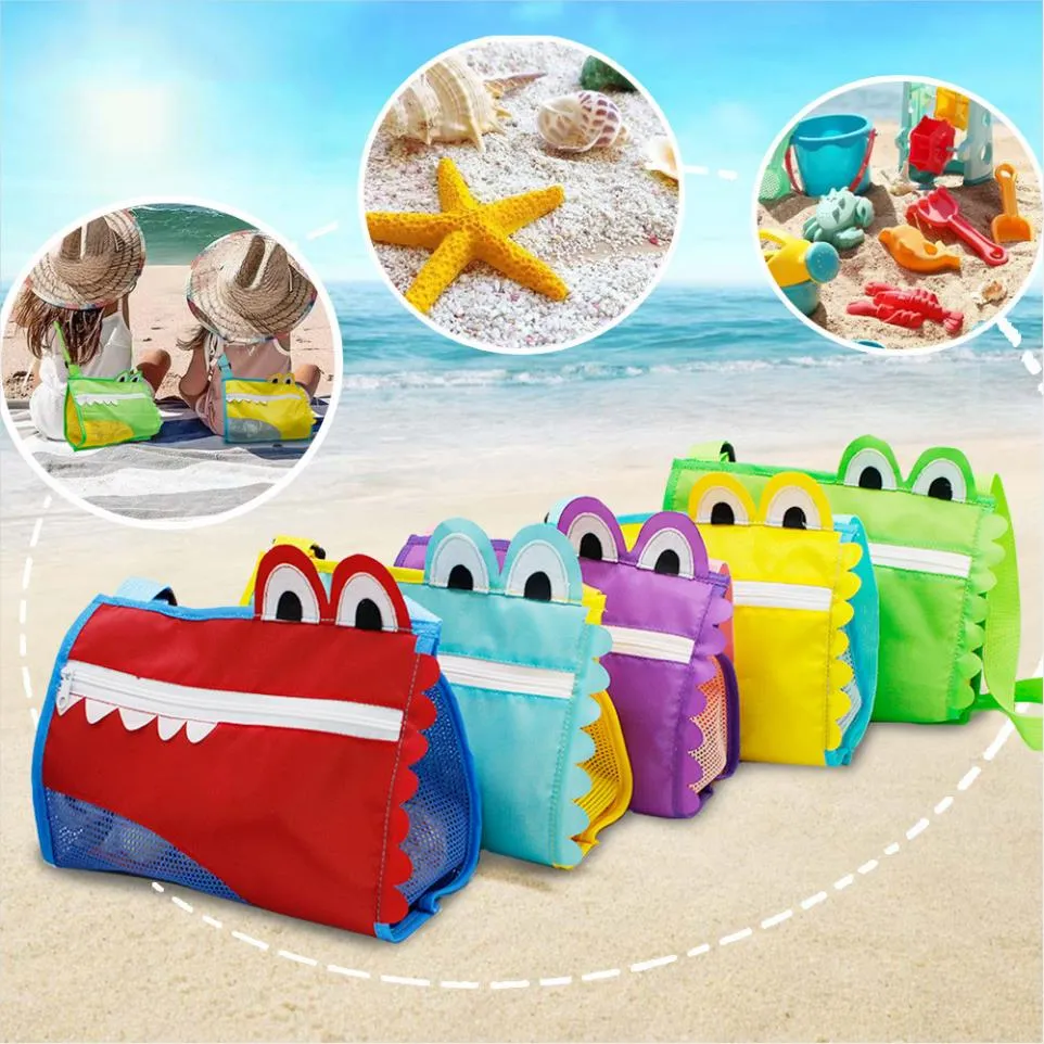 Kids Sand Shell Bags Cartoon Crocodile Dier Beach Speelgoed Verzamelen Opbergtas Grote Capaciteit Reizen Outdoor Mesh Net Tote Rits Draagbare Organisator Pouch BC7993