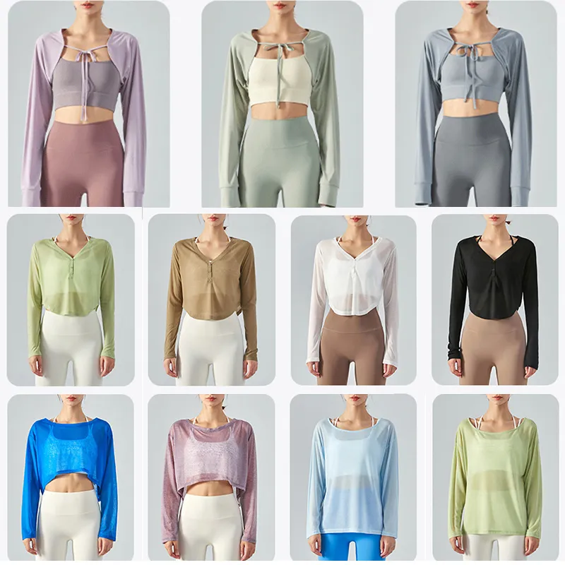 LU-343 Athletica Kadın Yoga Gevşek Nefes Alabası Bluz Uzun Kol Beyaz Siyah Şal Khaki Kahverengi Bebek Mavi Soğuk Kereviz Renk Lady Sun Koruma Giyim Boyutu S M L XL