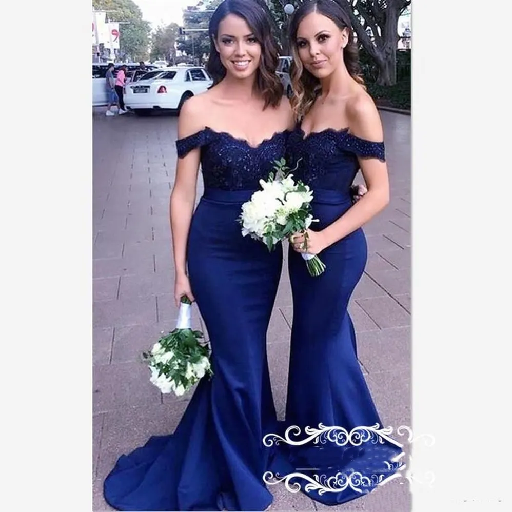 2022 Royal Blue Off Shoulder Vestidos de dama de honor para bodas Top de encaje Falda de satén Vestidos largos de dama de honor de sirena