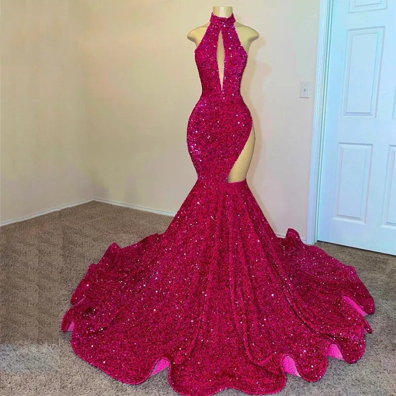 Fushsia – robe de bal à paillettes, Sexy, côté cuisse, style sirène, avec trou de serrure, col haut, pour occasions spéciales, 2022