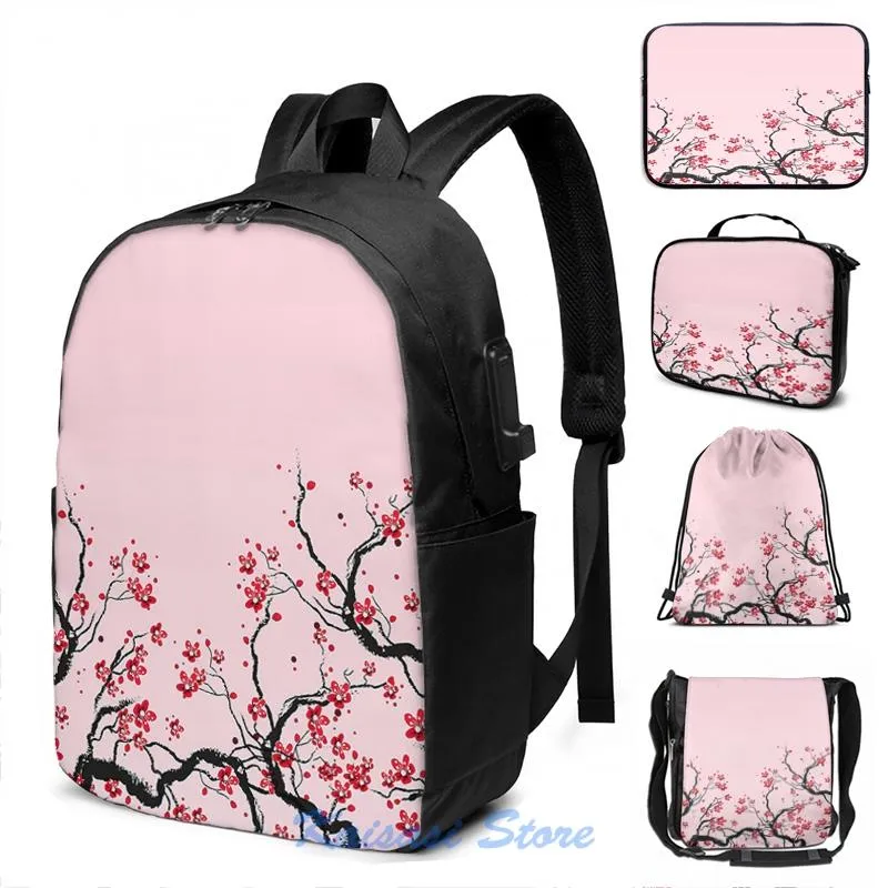 Backpack Funny Graphic Print Cherry Blossom USB Charge Men School Bags Women Bag Travel Laptop BagBackpack
