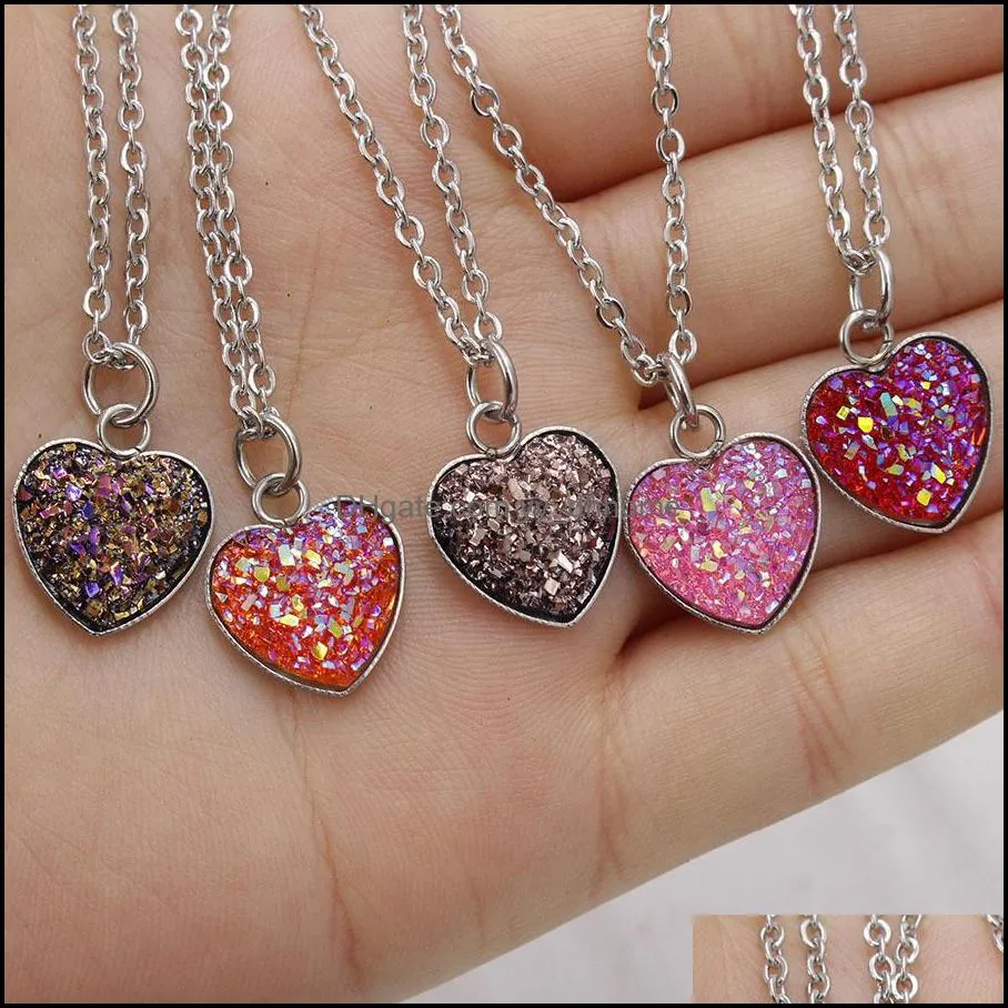 Fashion Popular Druzy Necklace Stainless steel Gevometry Resin Stone Drusy Heart Necklace For women jewelry