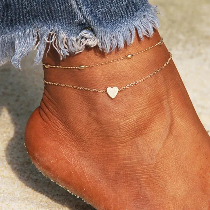 Hot Fashion Jewelry Double Layer Heart Anklet Chain Alloy Beads Ankle Bracelet Beach