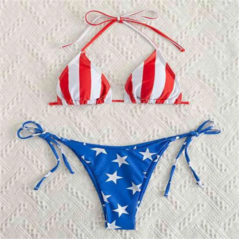 FS Sexy Mini Micro Thong American Flag Bikini Set With Halter Neck