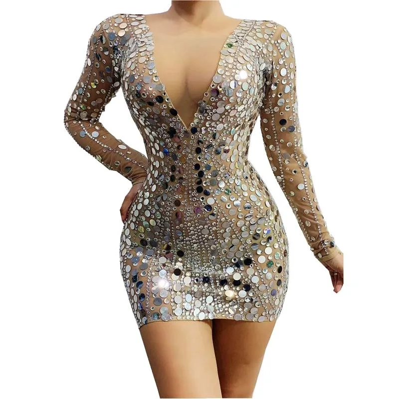 Stage Wear Sparkly Sequined Long Sleeve Short Dress Women Rhinestones Birthday Celebrate Party Mesh Transparent Sexy Club DressStage