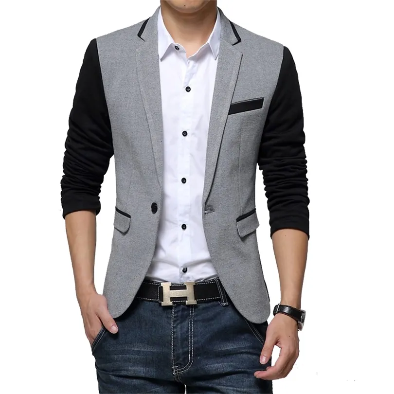 Neue Slim Fit Freizeitjacke Baumwolle Männer Blazer Jacke Single Button Grau Herren Anzug Jacke 2018 Herbst Patchwork Mantel Männlich Suite CJ191210