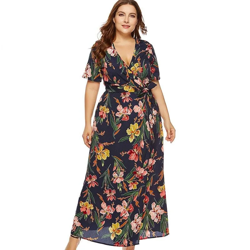 Plus maat jurken miaoke zomer lange print bloemen feestjurk vrouwen hoge kwaliteit kleding mode grote chiffon night