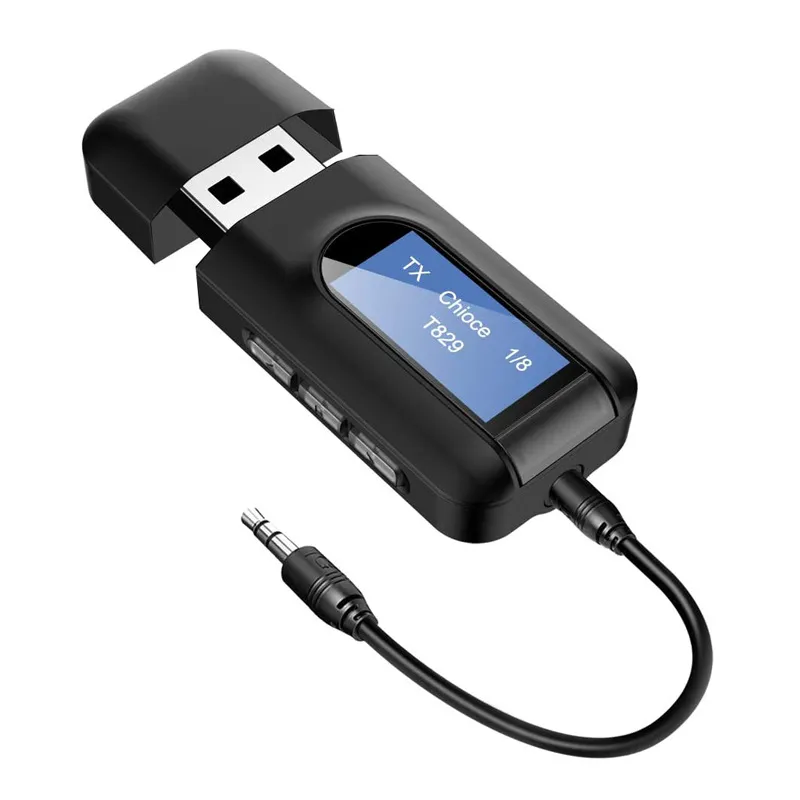 جهاز إرسال جهاز استقبال الصوت Bluetooth 5.0 USB Dongle مع شاشة LCD لجهاز تلفزيون Car PC Mini 3.5mm Aux USB Wireless Adapter