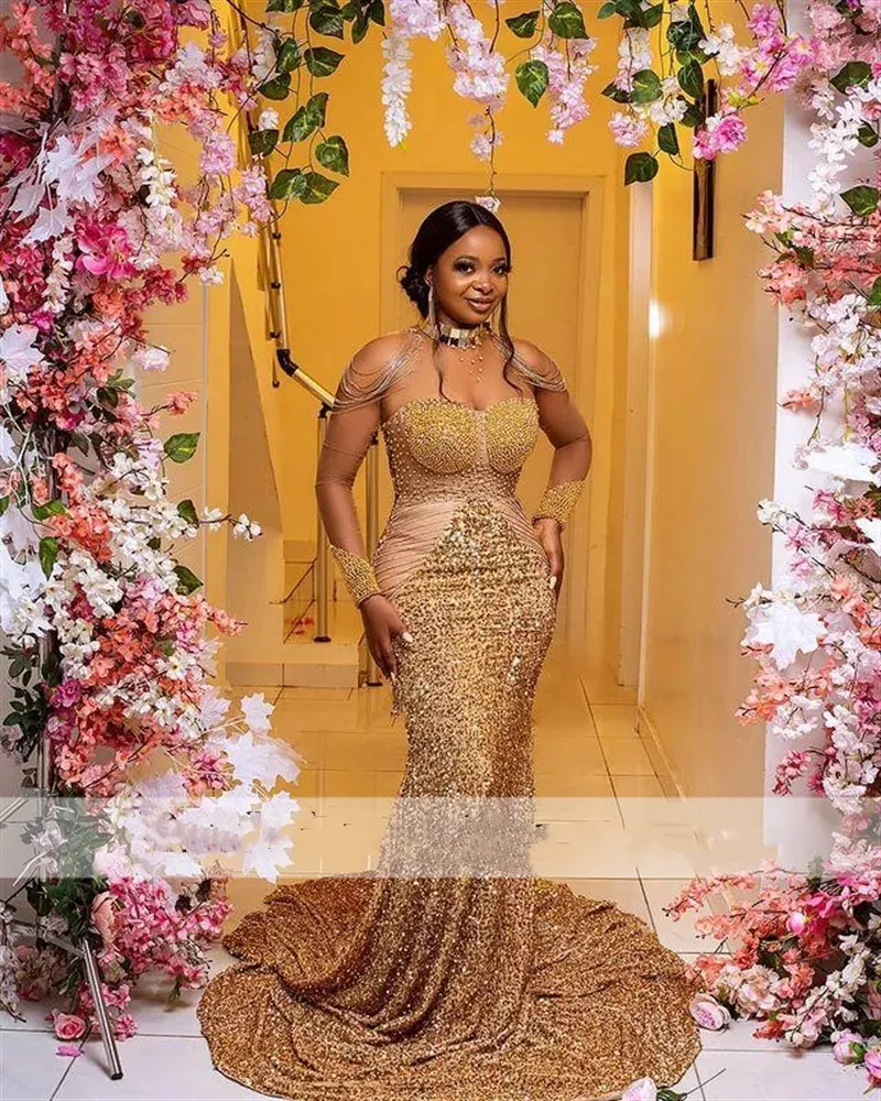 Aso Ebi Afrikaanse Gouden Pailletten Kralen Prom Party Jurken Halter Kant Celebrity Avondjurken Speciale Ocns Robe De Soiree