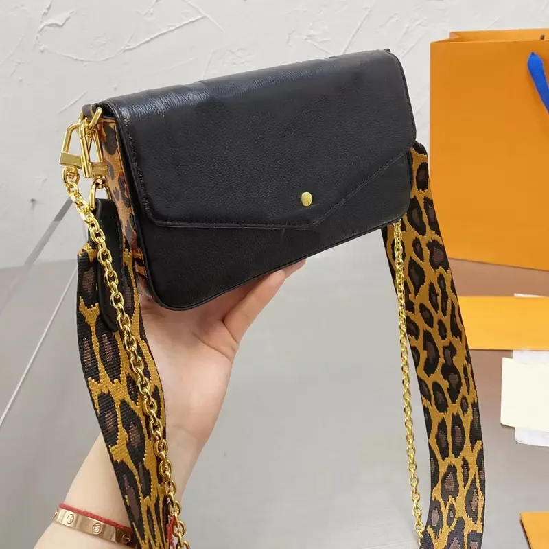 Chain Crossbody Bag Shoulder Handbag Purse Multi Pochette Clutch Bags Embossed Leather Leopard Printed Patchwork Color Envelope Pouch Two Removable Pockets