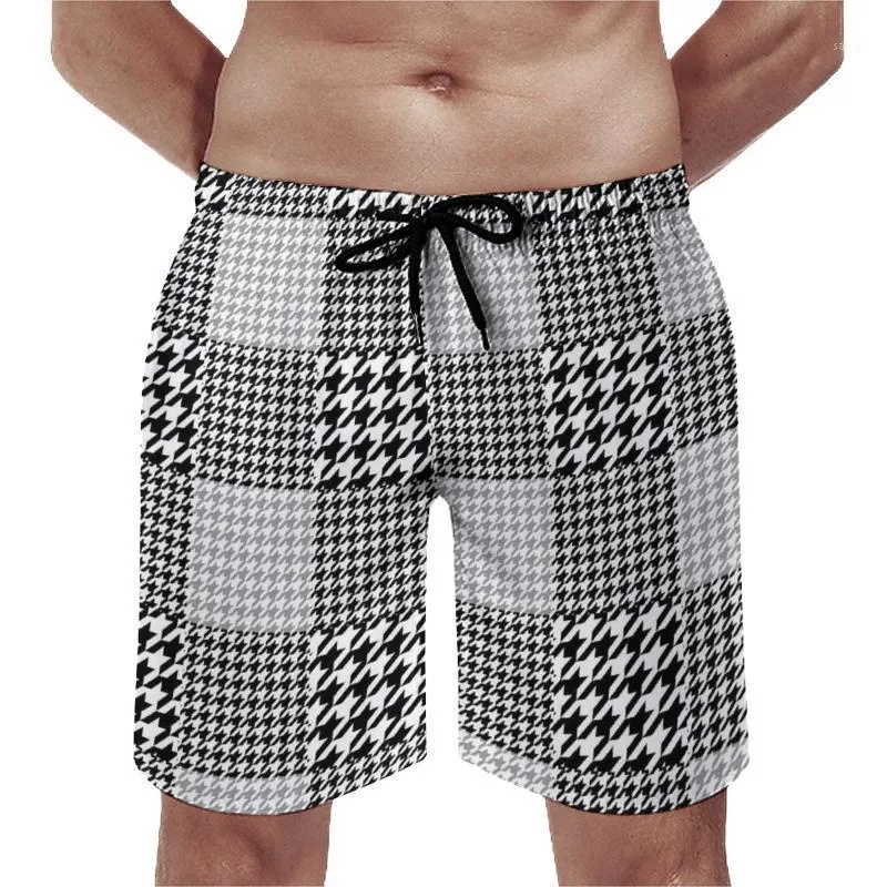 Men's Shorts Plaid Houndstooth Board Black And White Print Beach High Quality Males Cute Swim Trunks Big Size 3XL