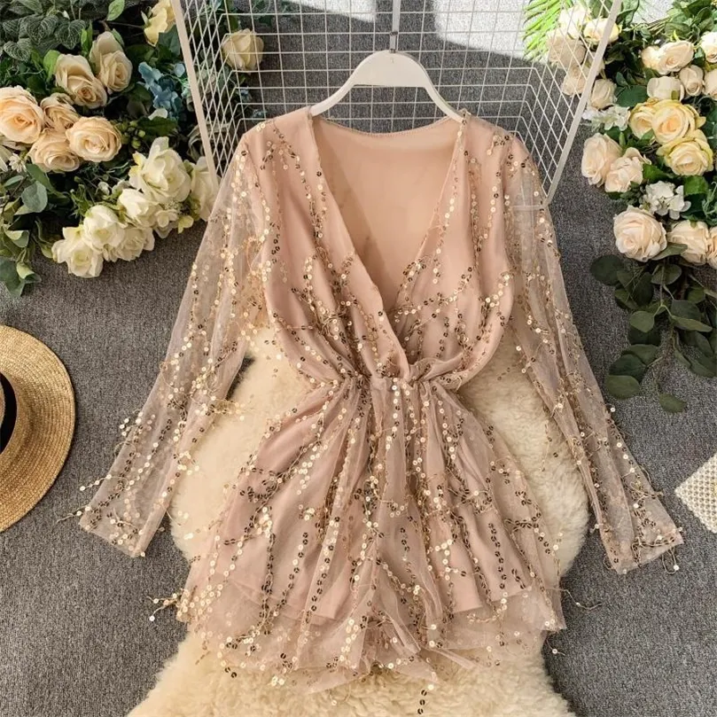 New Sexy Night V neck Long Sleeve Slim Broad legged Couplet Playsuits Sequin Rompers Womens Jumpsuit J846 T200704