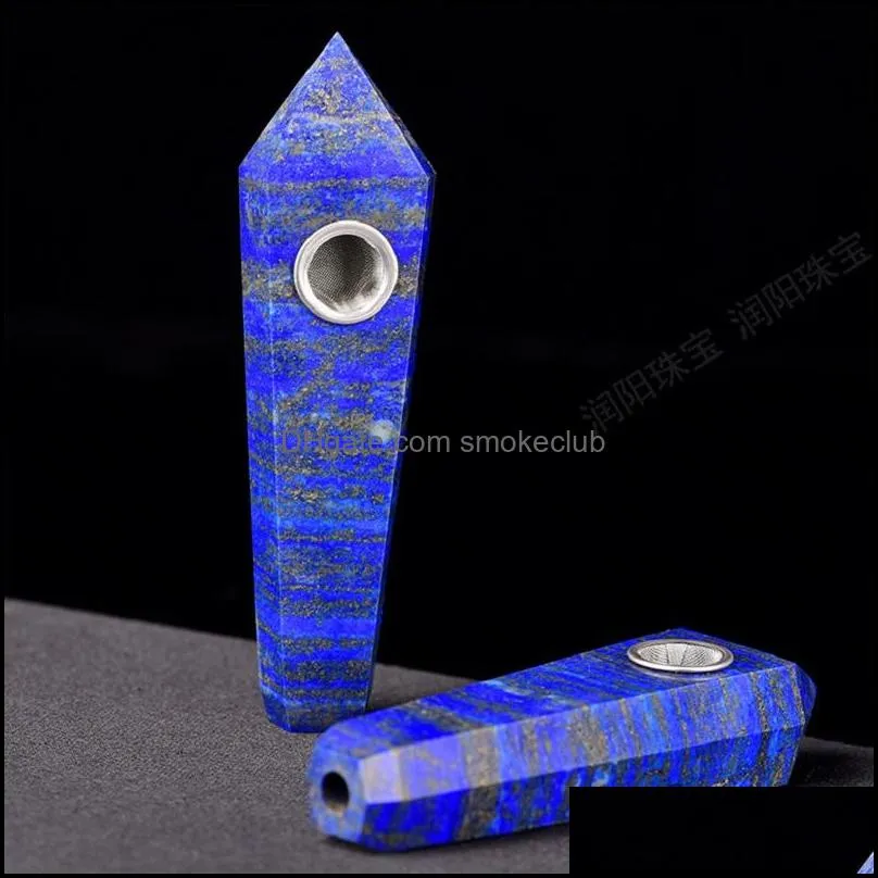 Natural lapis lazuli Smoking Pipes Energy stone Gemstone Tobacco Obelisk Healing wand Crystal Quartz Point Pipe with gift box