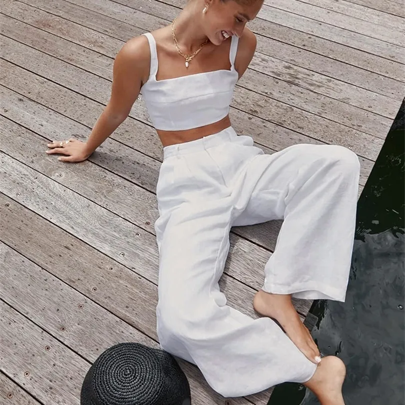 Mnealways18 Cotton Linen Women Summer Outfit Sleeveless Crop Top And Palazzo Pants 2 Piece Set Female Midriff Top Pants Suits 220704