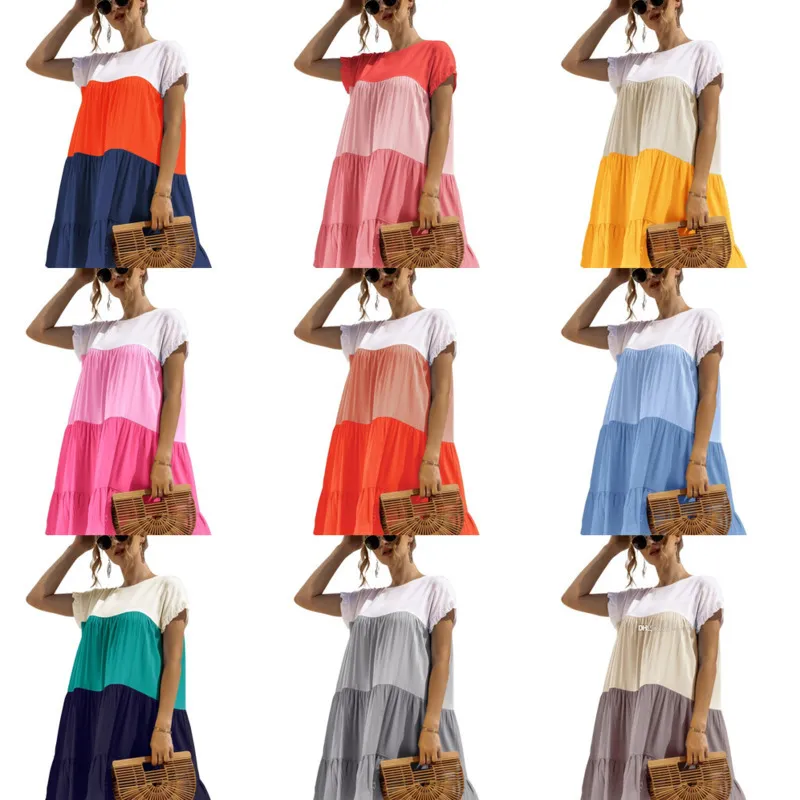 2022 Women Casual Shirt Dresses Sexy A Line Round Neck Short Sleeve Ruffle Contrast Color Dress Skirt Designer Clothing