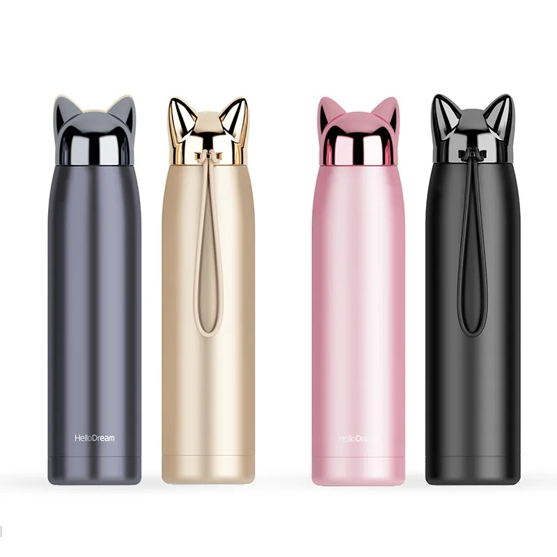 320ml sevimli kedi tasarım su şişesi kız paslanmaz çelik termos siyah metal yalıtımlı termal seyahat kahve kupa kolu 220617