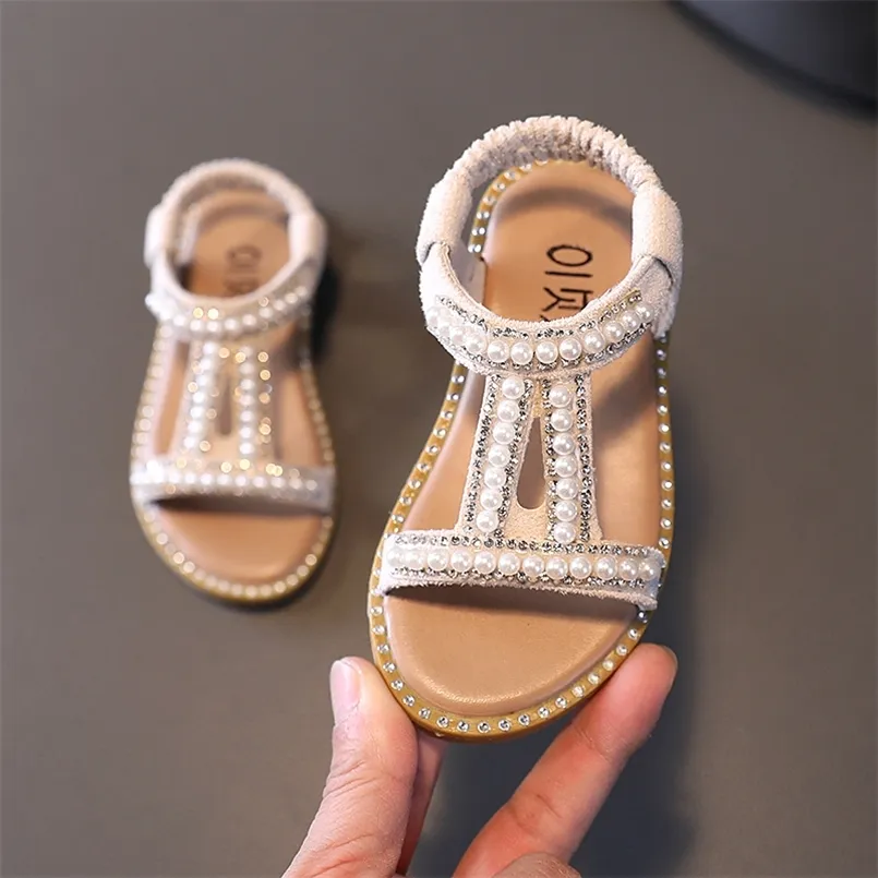 Fashion Girls Kids Summer Shoes Elegant Pearl Roman Party Princess Shoe Flats Nonslip Casual Baby Beach Sandals 220607