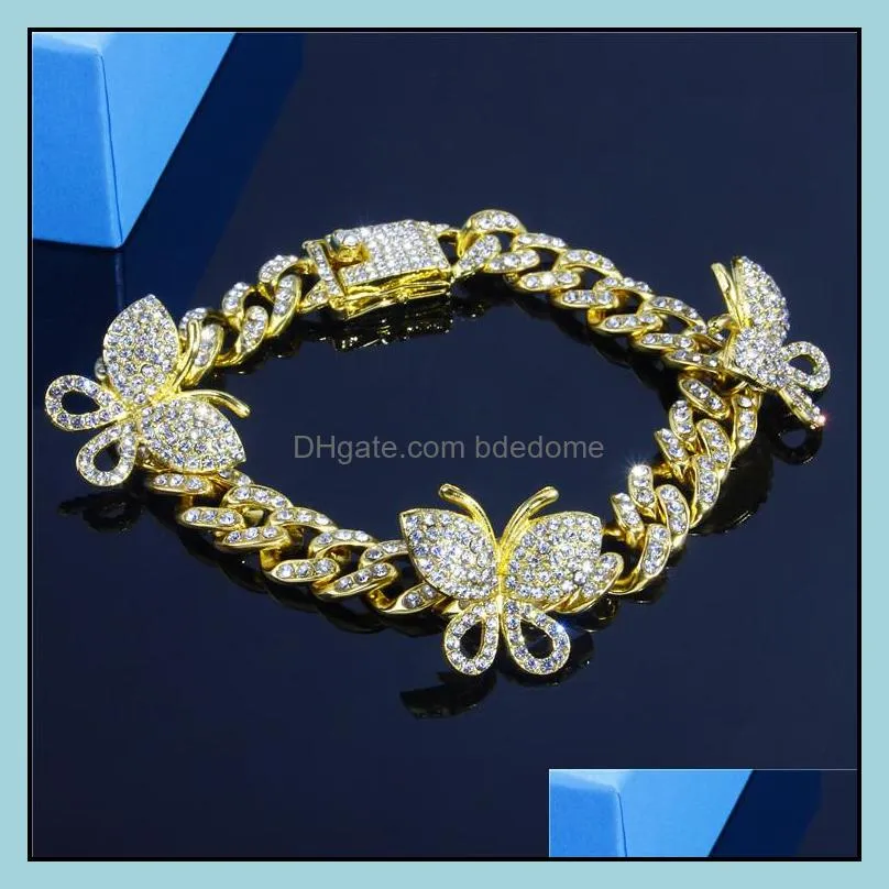 Iced Out Diamond Women Body Chain Jewelry Rhinestone Cuban Link Anklets Gold Silver Pink Butterfly Bracelets