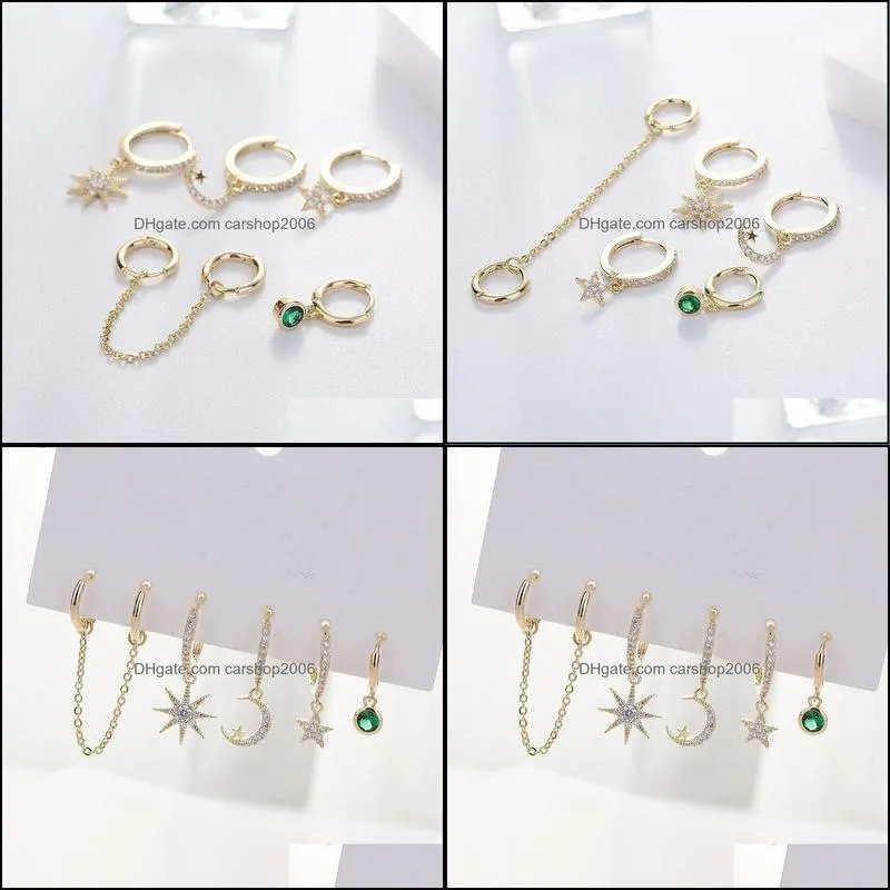 Inlaid With Zircon Octagonal Star Moon Long Chain Earrings Set Natural Green Gem Temperament Hoop Fashion Jewelry & Huggie