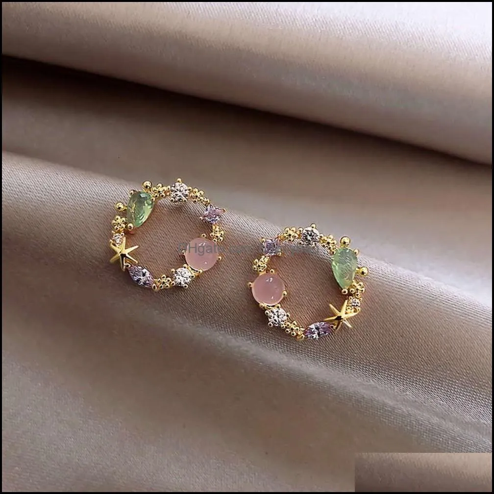 2020 New Collection Classic Round Pink Green Crystal Stud Earrings Sweet Flower Cirlce Jewels Mode Brincos Poison for Women