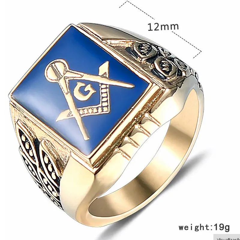 Stainless Steel Masonic Freemason Ring - Black & Blue Ion Plated With Crystal Stones - Sizes 8-13 - View #2