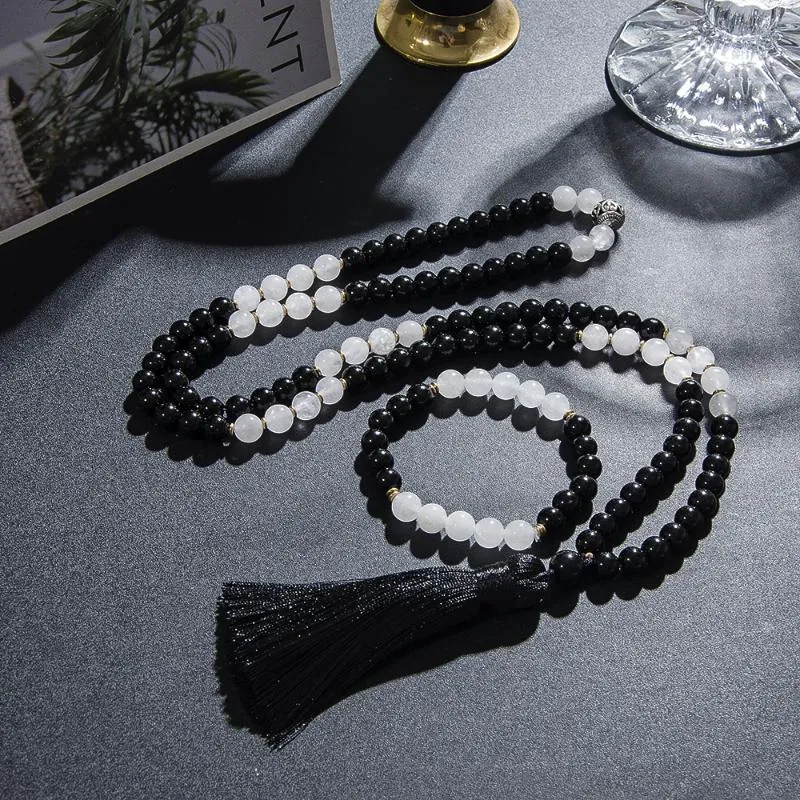 Hänge halsband 8mm naturlig svart onyx vit jade 108 mala pärlhalsband meditation yoga bön japamala smycken uppsättning för män och kvinnor