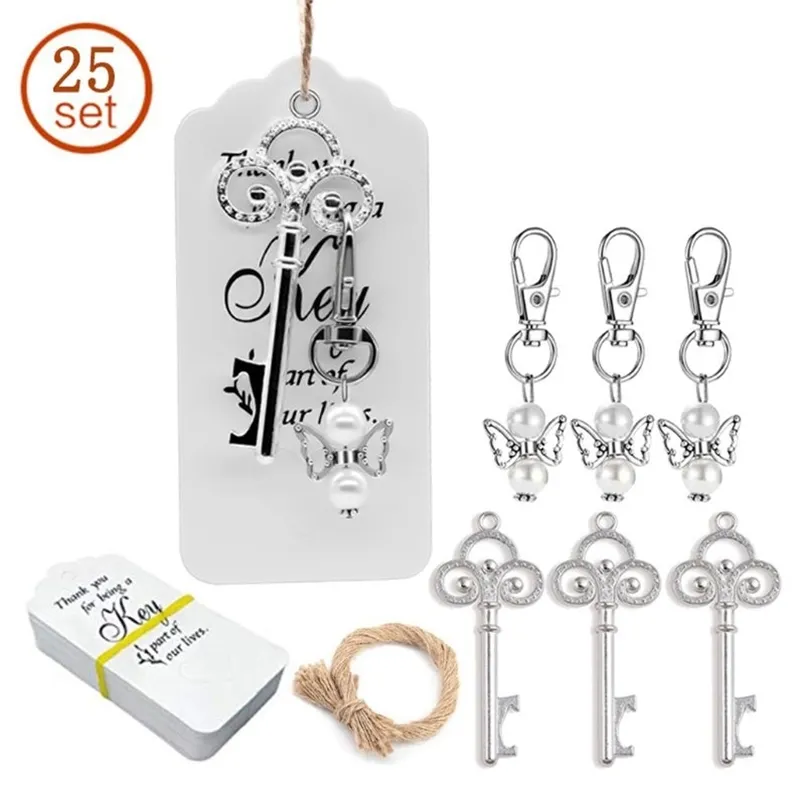 OOTDTY 25pcs/set Key Bottle Opener Angel Keychain with Tags Party Favor Souvenirs Wedding Gifts for Guest Mothers Day Gift 220425