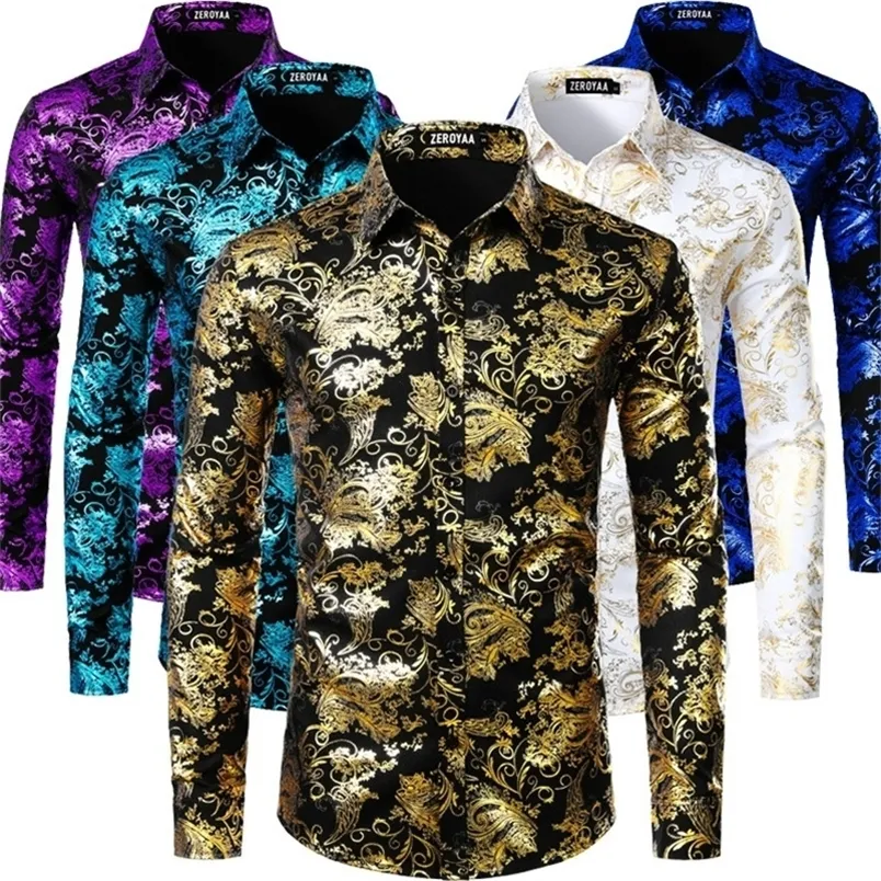 Mens Luxury Paisley Floral Gold Shiny Print T Shirts Camisas Snygg Slim Långärmad Klänningskjorta För Party Prom Visa Men Kläder 220401