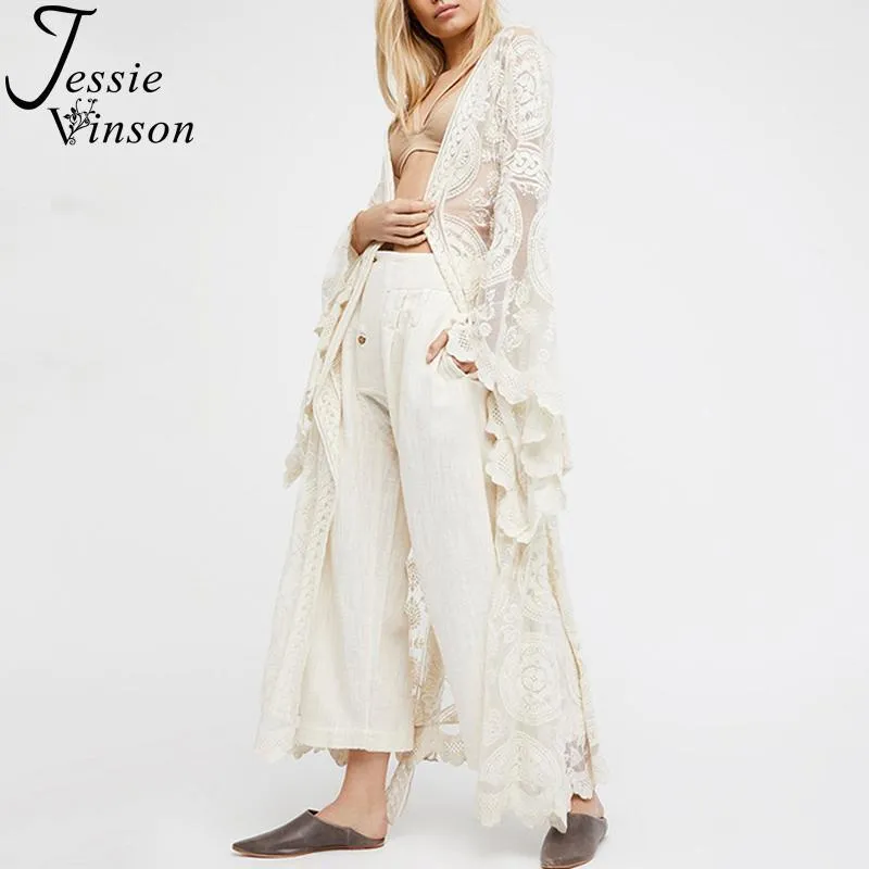 Jessie vinson mode kvinnor plus storlek långärmad perspektiv spets cardigan kimono strand baddräkt täcke upp vit övergripande