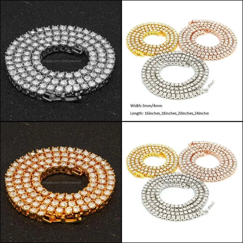 New Trendy Cool 3MM 4MM Hip Hop Tennis Chain Necklace Gold Plated Alloy Cuban Link Chains Rhinestones Necklacese Men Jewelry