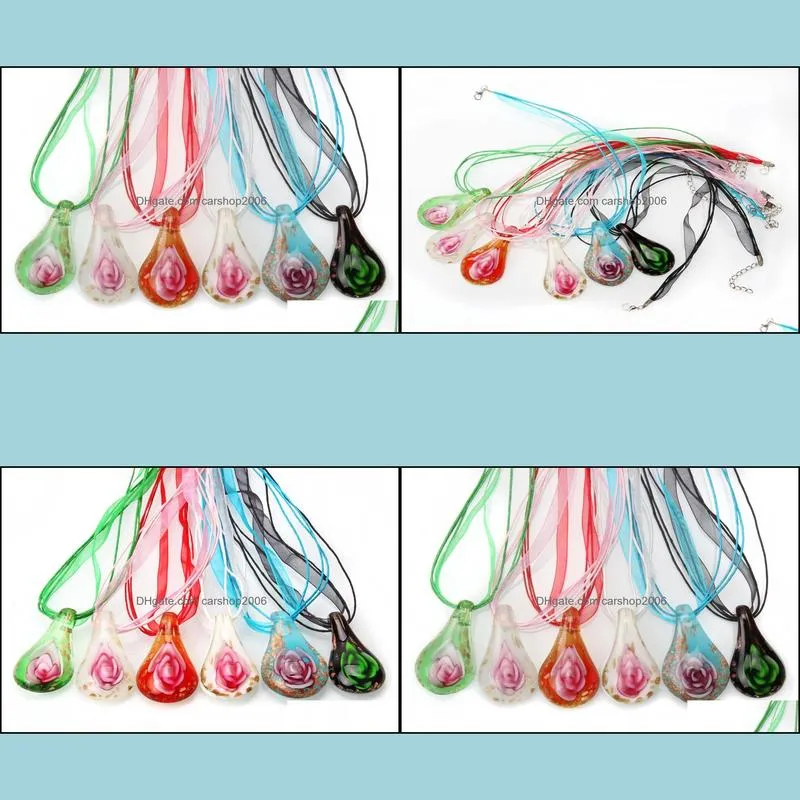 fashion waterdrop 6colors lampwork glass pendants inner flower gold dust murano charms necklace for women mixed color