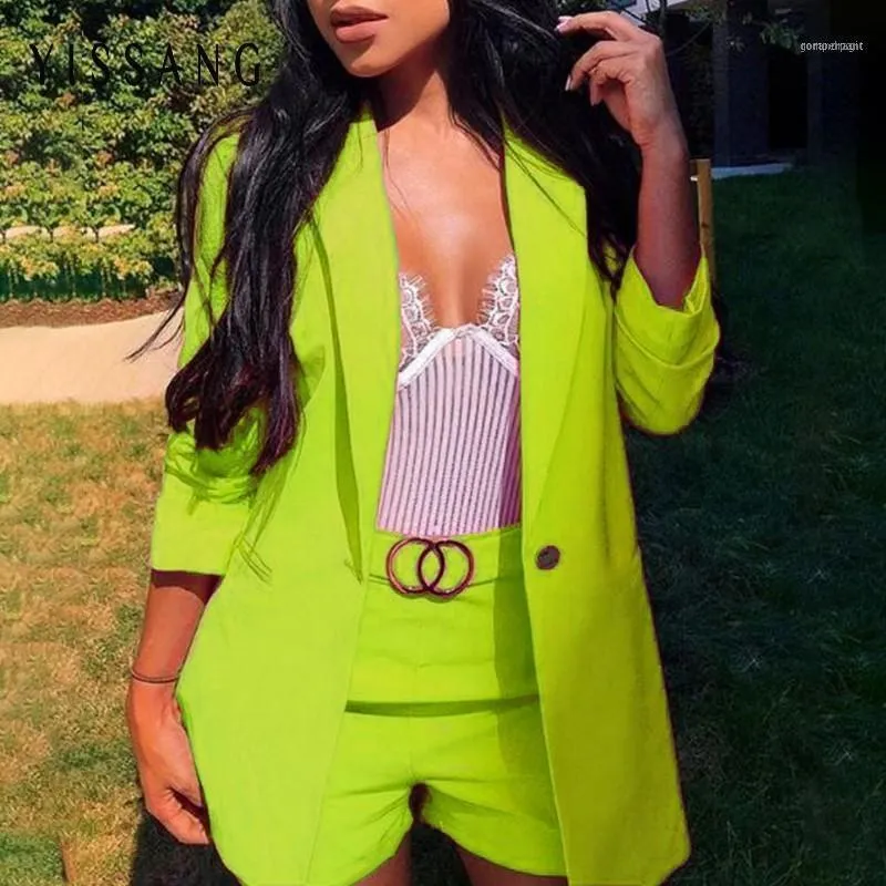 Yissang Fashion Two Piece Set 2022 Women Long Sleeve Blazer Jacket And Short Pants Neon Green Summer Suits 2 Outfits1