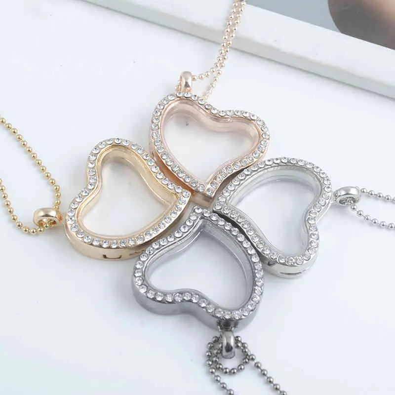 Collana con ciondolo galleggiante in vetro, collana con ciondolo, ciondolo con medaglione, cuore in argento, collana di diamanti, lega, gioielli con strass per regalo di San Valentino