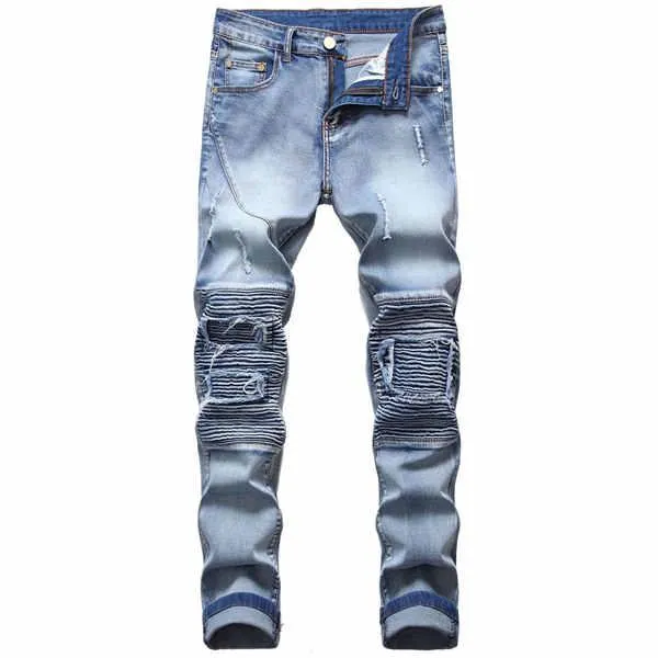 2022 Novos jeans magros jeans Moda angustiada Men Jean Slim Motorcycle vendendo moto de moto de moto de moto verdadeiro cal￧as de jeans de hip hop preto tamanho 28-40